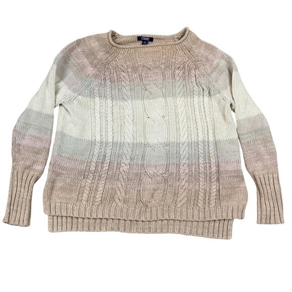 Chaps Women's Cable Knit Sweater M Beige Striped Cotton Blend - Picture 1 of 12